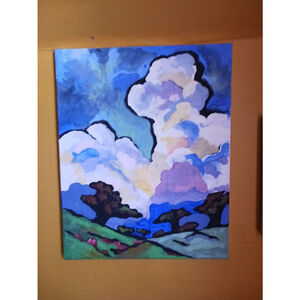 Acrylic Landscape Painting Rolling Hills and Clouds